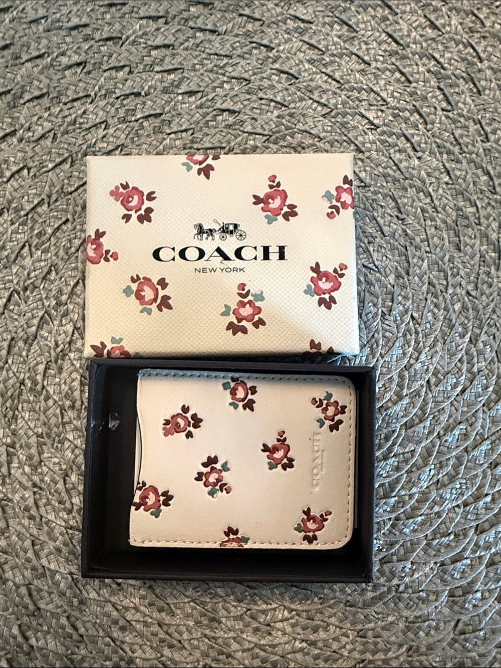 Coach Cream Floral Leather Card Case with Pink flowers